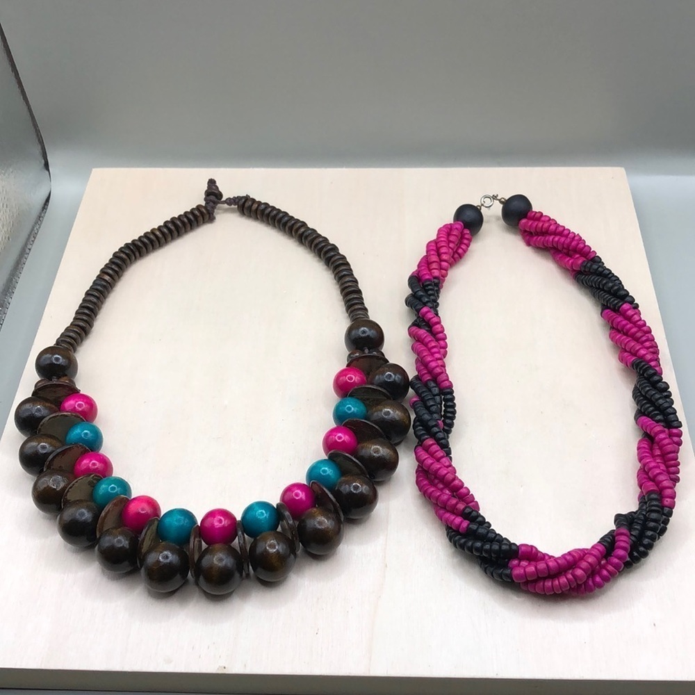 Bundle lot 2 vintage artisan wooden colorful necklaces boho statement style.